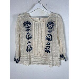Free People Womens Jocelyn's Embroidered Ivory Blue Sheer Top Blouse Medium Boho